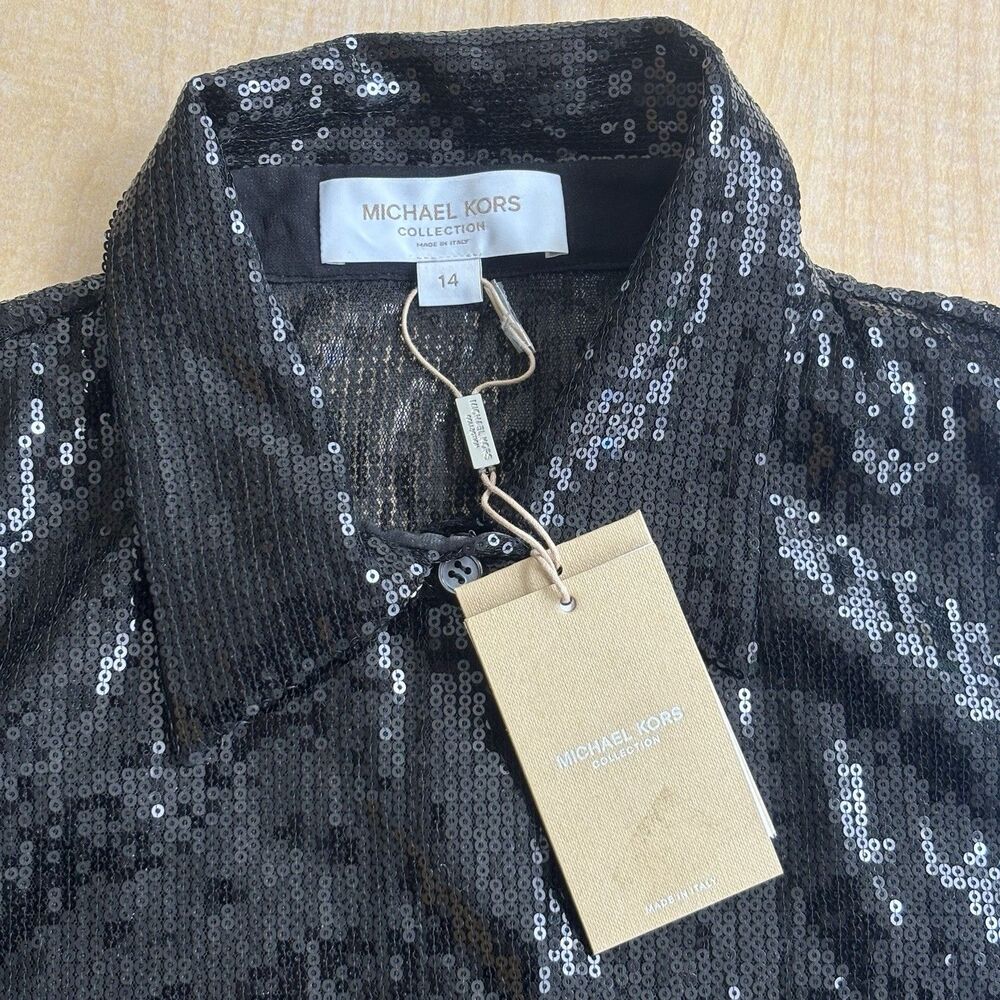 Michael Kors Collection Black Sequin Button-Up Top Womens Size 14 Italy - Picture 3 of 16
